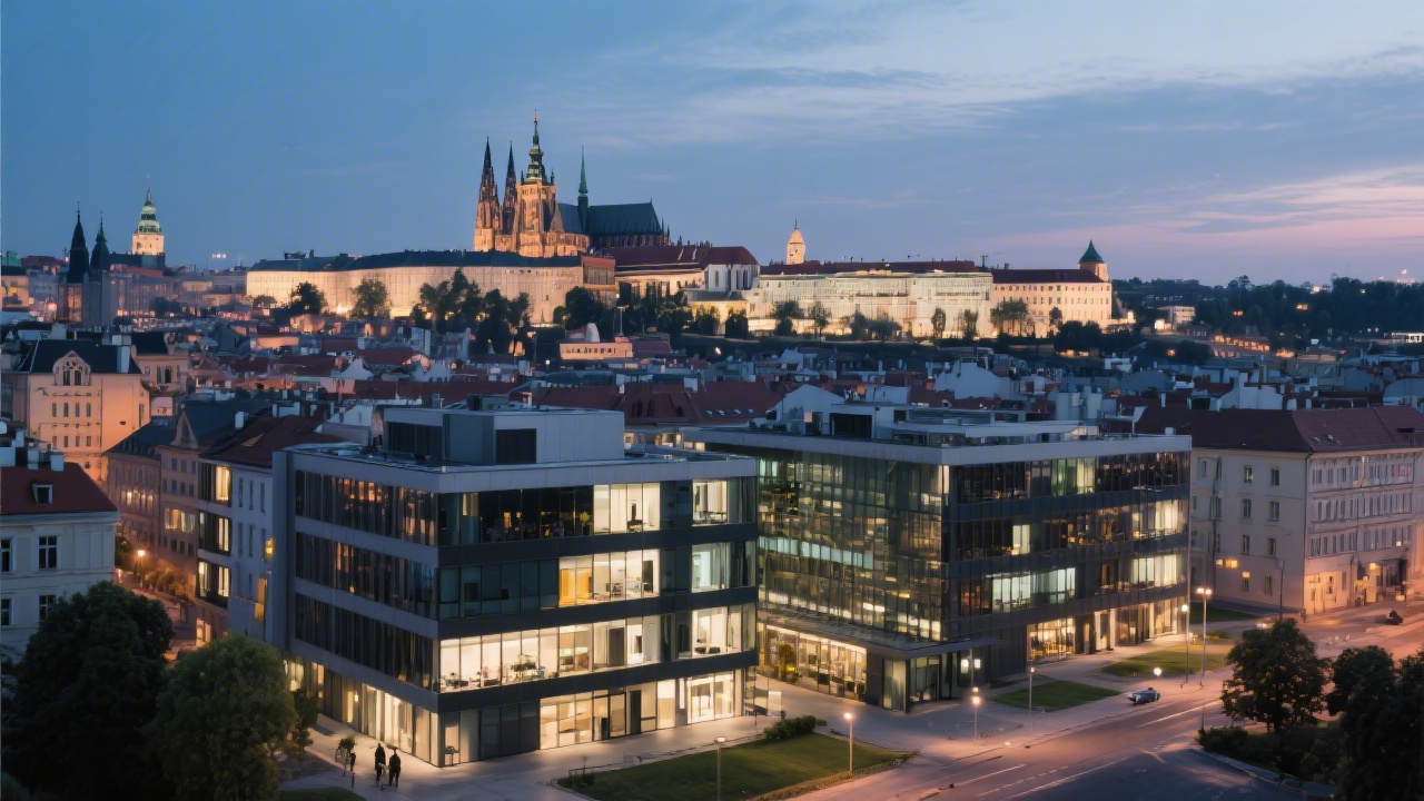 Evening view of Prague cityscape with modern offices in foreground, representing a professional and urban context for business education and agency-focused training.
